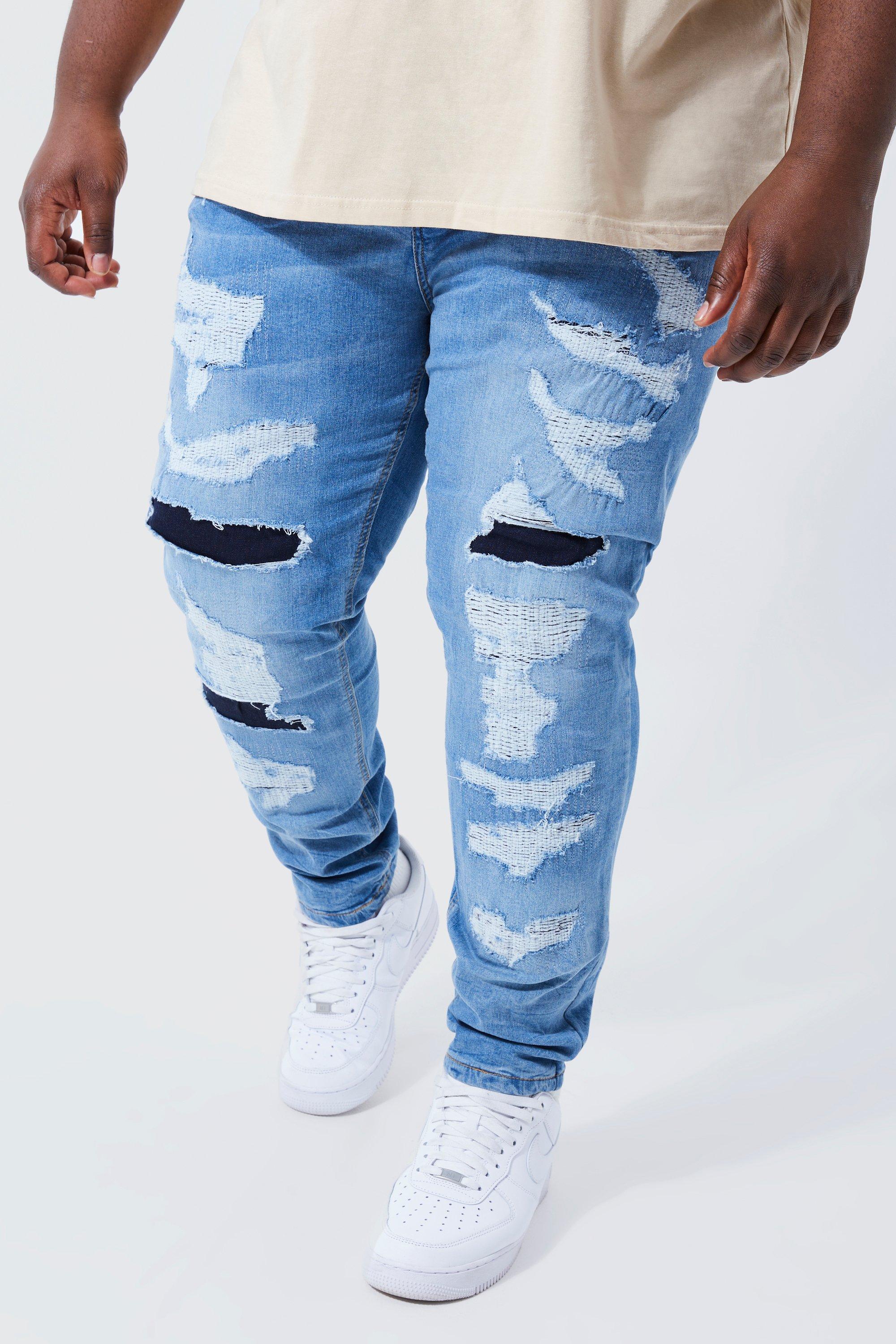 Mens Blue Plus Skinny Stretch All Over Ripped Jeans, Blue